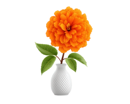 Vibrant orange flower blooms in white vase, showcasing its intricate petals and lush green leaves. This stunning arrangement adds cheerful touch to any space, evoking feelings of warmth and joy