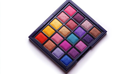 Colorful eye shadow palette with various shades of rainbow colors on a white background.