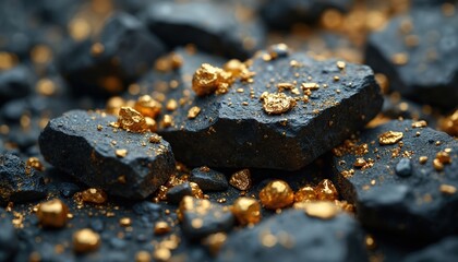 Close-up view of black rock with gold flakes. Gold particles on dark stone. Image mineral wealth, exploration. Natural treasure, resource, element with texture. Ideal for topics like geology,