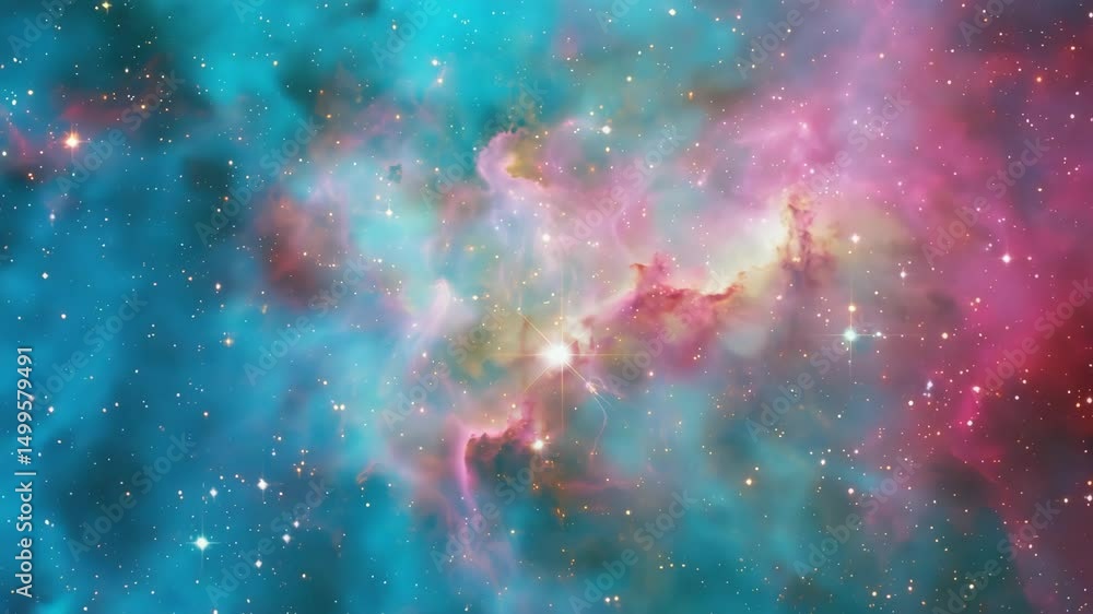 Poster through colorful nebula cloud in deep outer space, stunning cosmic scene with glowing stars and inte