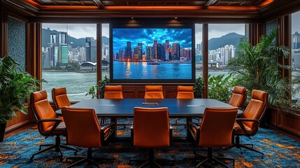 Fototapeta premium Luxurious conference room with panoramic city view