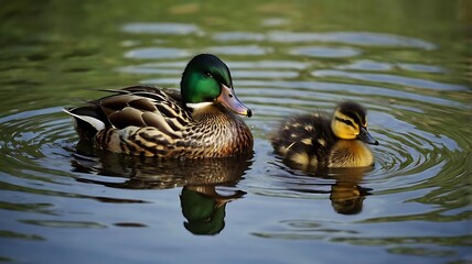 Fototapeta premium Mallard Duck and Duckling Swimming on Calm Water