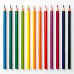 Row colorful wooden pencils isolated on white background. Crayons art collection with bright colours green blue yellow red orange pink. School education supplies, drawing equipment.