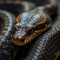 Fototapeta premium Black Snake Head Macro: Intense Reptilian Gaze