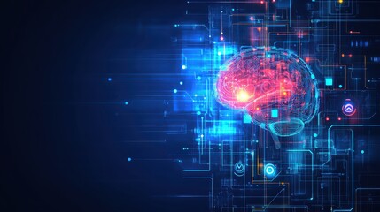 Abstract concept of mental health technology with glowing brain, tech circuits, and wellness icons on a futuristic blue background