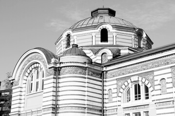 Sofia Central Mineral Baths in Bulgaria. Black and white retro style photo.