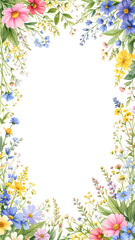 Fototapeta premium this artwork shows a collection of wildflowers with leaves, stems, and an array of blossoms. the arrangement frames a white central space on the left and right sides, creating a botanical border