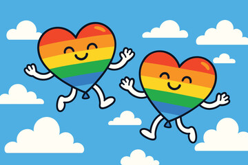 Two Rainbow Heart Balloons Joyfully Flying in the Sky