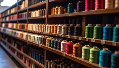 Shelves filled with vibrant spools of thread showcase the artistry of textile creation.