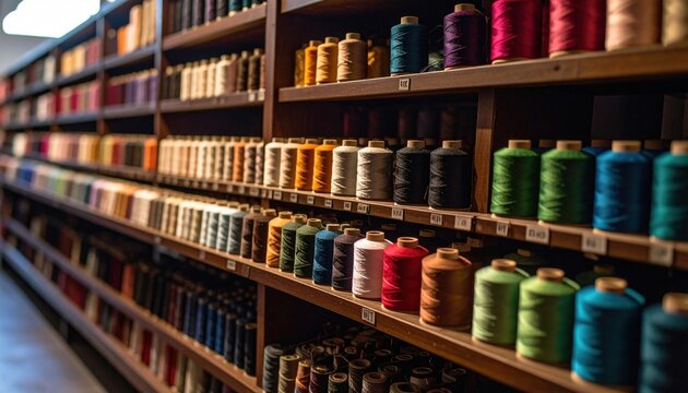 Shelves filled with vibrant spools of thread showcase the artistry of textile creation.