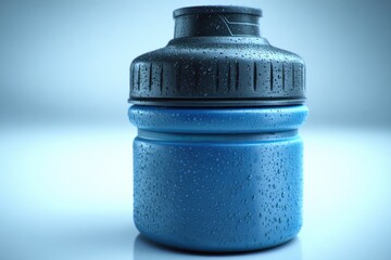 Close-up of a blue and black plastic sports water bottle covered in condensation droplets, representing hydration, fitness, and active lifestyle on a soft blue background.