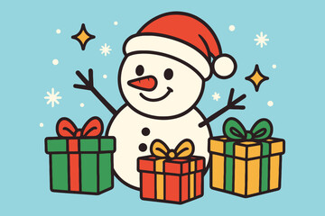 Cheerful Snowman with Christmas Gifts and Snowflakes