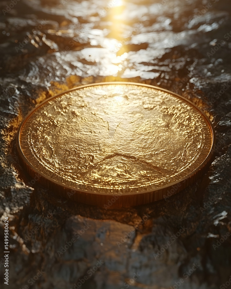 Poster detailed view of a golden coin resting on a textured surface.