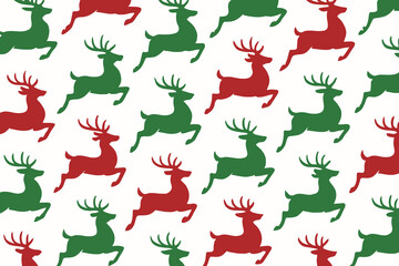 Seamless Pattern of Red and Green Leaping Reindeer Silhouettes
