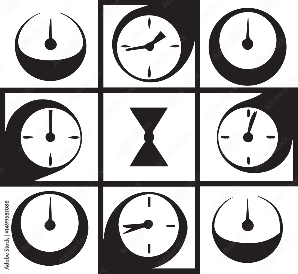 Poster minimal grid of clocks and timekeeping icons black and white vector