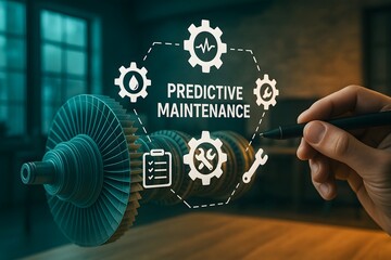 A stylus outlines predictive maintenance icons over a rotating turbine model. Concept of industrial reliability and proactive repair strategy.
