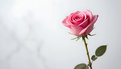 Title: Elegant Pink Rose in Soft Light with Delicate Petals and Green Leaves