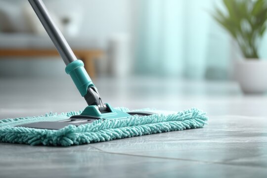 Close up of a turquoise mop cleaning the floor, maintaining cleanliness in a modern home, ensuring a spotless and hygienic environment for the family.