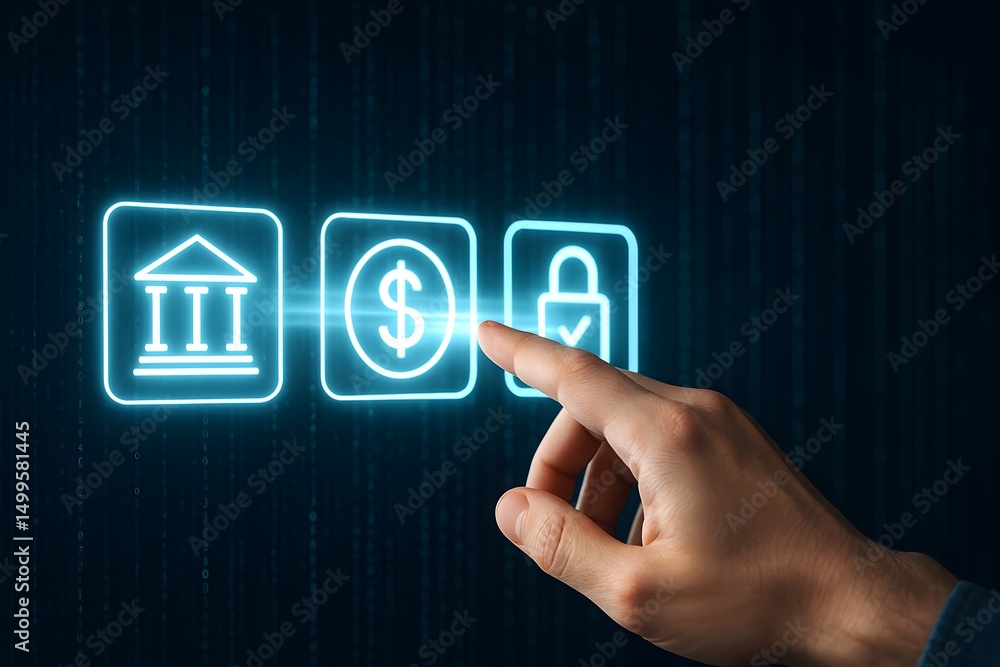 Poster a hand sweeps across illuminated finance and security icons on a virtual panel. concept of protected