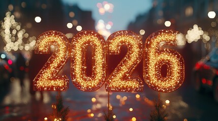 Sparkling New Year 2026 celebration in city street