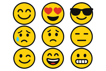 Collection of Nine Diverse Emojis Showing Various Emotions