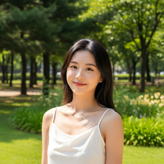 Fototapeta premium Natural Beauty: Young Korean Woman Portrait in Sunny Summer Park