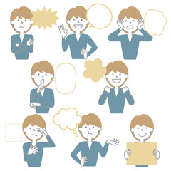 collection set of cute doodle hand draw speech bubble balloon with boy man character facial expression, text box think speak talk banner, flat design vector illustration