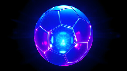 Naklejka premium Futuristic Soccer Ball: A vibrant, radiant soccer ball glows with a captivating blue luminescence, an enticing image of modern technology, and digital innovation.