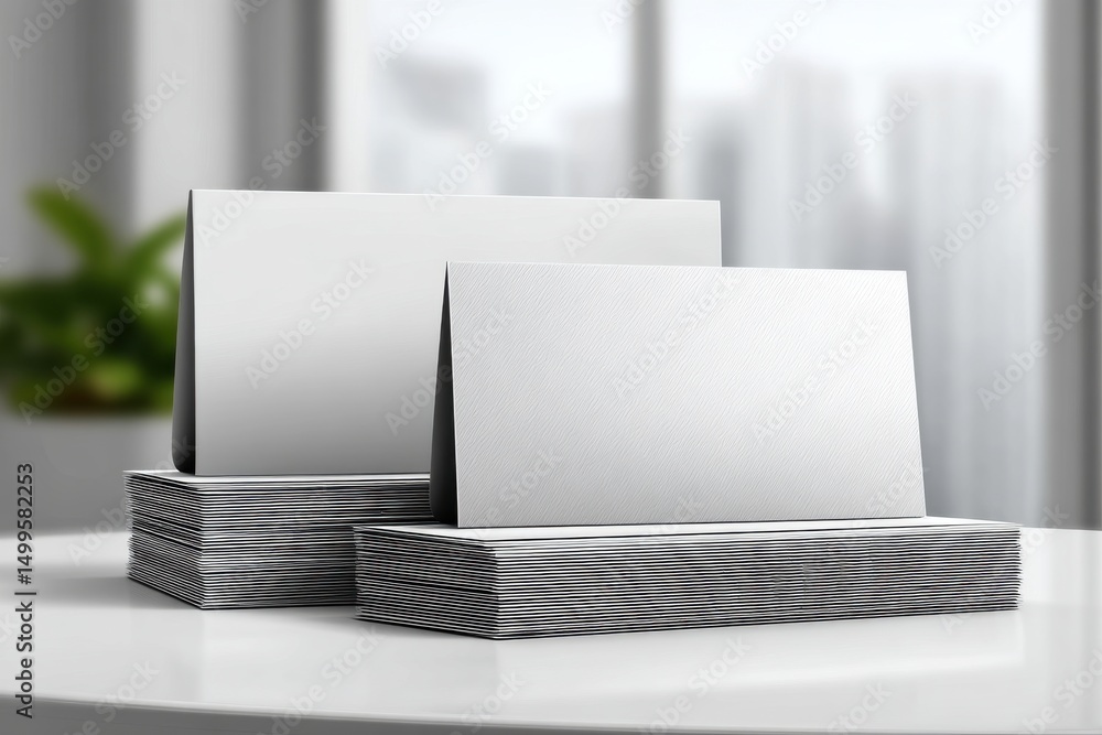Poster a minimalist mockup featuring blank greeting cards stacked neatly on a table, presenting a clean, pr