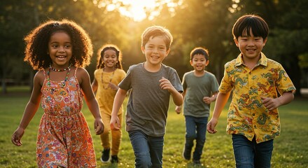 Children Playing Outdoors in Summer: A group of children of diverse backgrounds, immersed in a sunny environment, radiating pure joy and carefree happiness, symbolizing innocence.