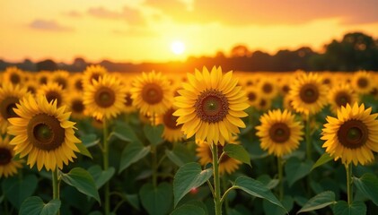 Obraz premium Vast sunflower field at sunset, golden hour light, tall stalks, vibrant yellow blooms , warm, tall