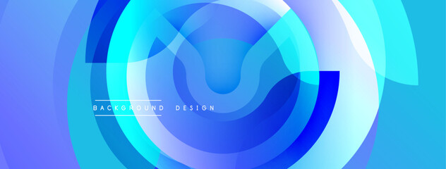 Abstract blue layers create dynamic circular composition. Modern design evokes fluidity, energy, depth. Gradient shades offer visual interest.