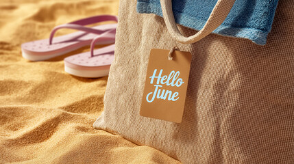 Beach bag with towel and Hello June tag on golden sand in sunlight, perfect for summer vacation promotions, travel ads and seasonal greeting visuals