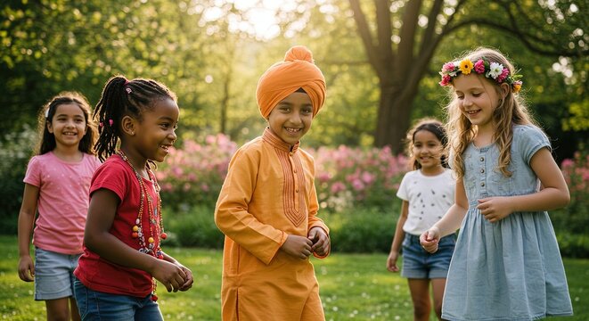 Happy Children Playing in Park: A group of diverse children, happily playing together in a vibrant park, showcasing cultural diversity and joyful friendship.