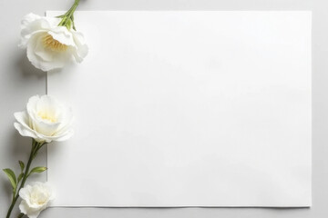 Blank white sheet of paper is elegantly placed light gray surface, accompanied by delicate white flowers. composition exudes sense of calm and simplicity, perfect for creative projects