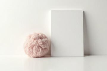 Soft pink pom pom sits beside blank white canvas on clean surface, creating minimalist aesthetic. gentle textures and colors evoke sense of calm and creativity
