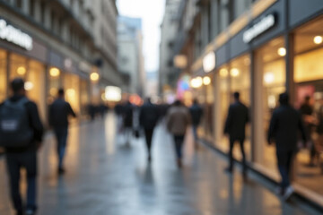 Image captures bustling urban street scene with blurred figures walking past various shops, creating lively atmosphere. soft focus adds sense of movement and energy to environment