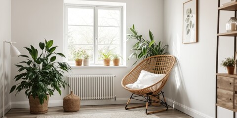 Fototapeta premium Light-Filled Room, Modern Style, Rattan Seating, Plant Accent