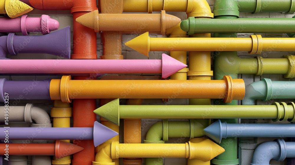 Poster colorful pipes arranged in arrow pattern creating vibrant and playful background symbolizing creativ