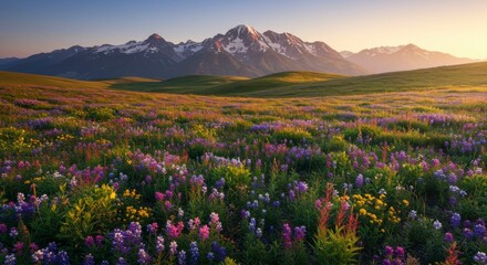 Obraz premium Vibrant wildflowers bloom across a vast meadow, bathed in the golden light of sunrise, with majestic snow-capped mountains forming a breathtaking backdrop
