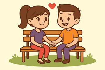 Cartoon Couple Holding Hands on a Park Bench