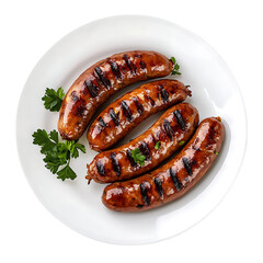 Grilled sausages on white plate png