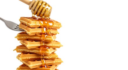 Delicious golden waffles stack with honey drizzle