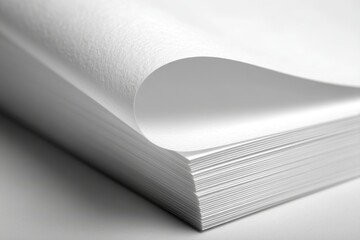 A close-up of a stack of pristine white paper with a slightly curled edge, conveying a sense of freshness, readiness and high-quality, perfect for printing or writing.