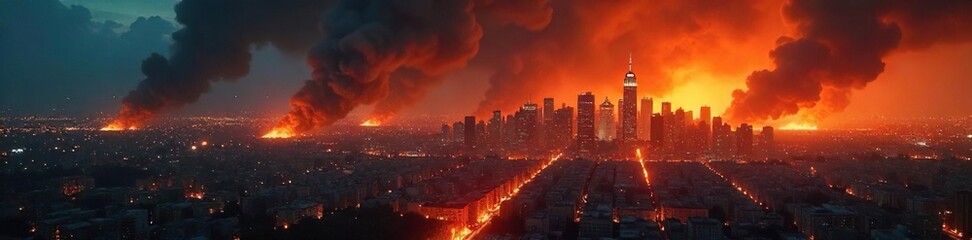 Fototapeta premium A dramatic, wide shot of a city skyline engulfed in flames during a nighttime revolution, highlighting the chaos and destruction , emergency, textured