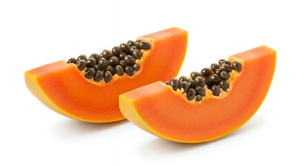 Two Slices of Ripe Papaya with Seeds Isolated on White