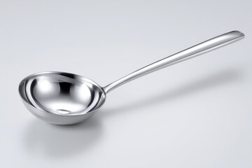 Elegant stainless steel ladle reflecting light, showcasing kitchen utensil on a white backdrop for cooking and serving purposes with clean lines.