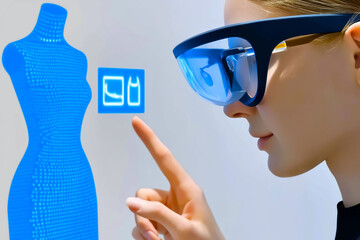 Augmented reality smart glasses retail. Customer wearing smart glasses while viewing augmented reality product.