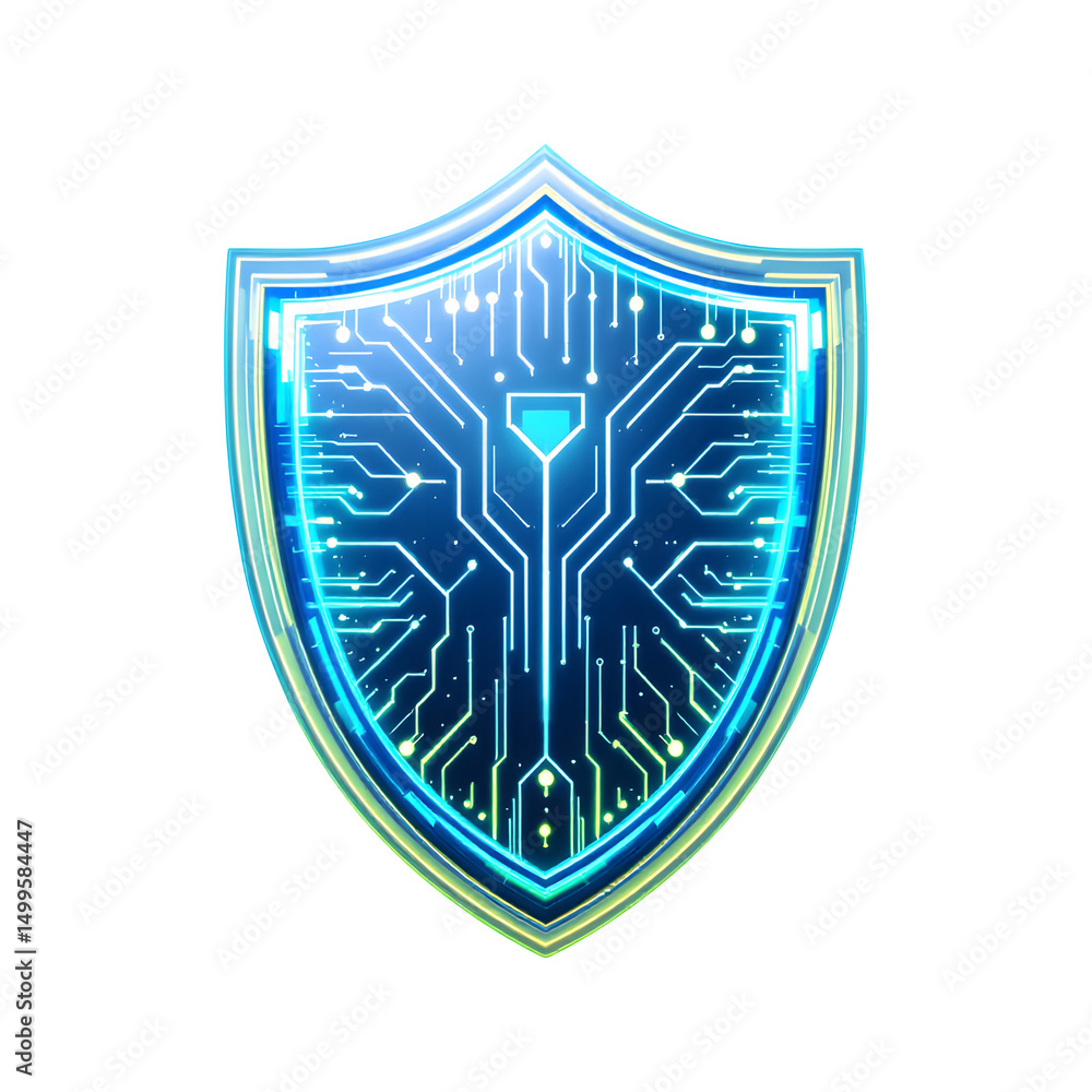 Aufkleber a glowing blue shield with circuit board design isolated on a black background for cyber security is