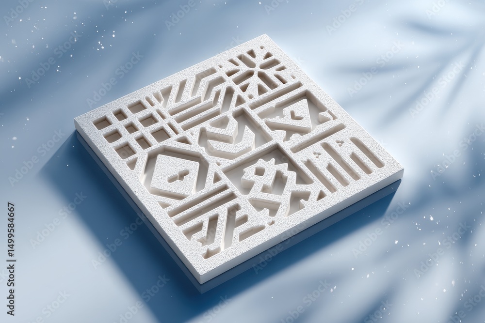 Poster a detailed geometric pattern on a textured white surface with a light blue background, creating an a